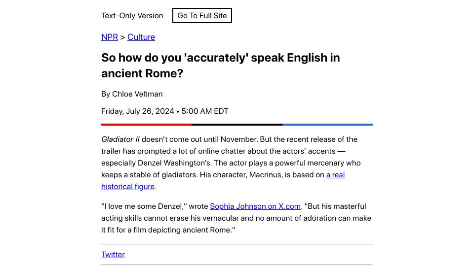 Screenshot of text.npr.org: how do you 'accurately' speak English in ancient Rome?