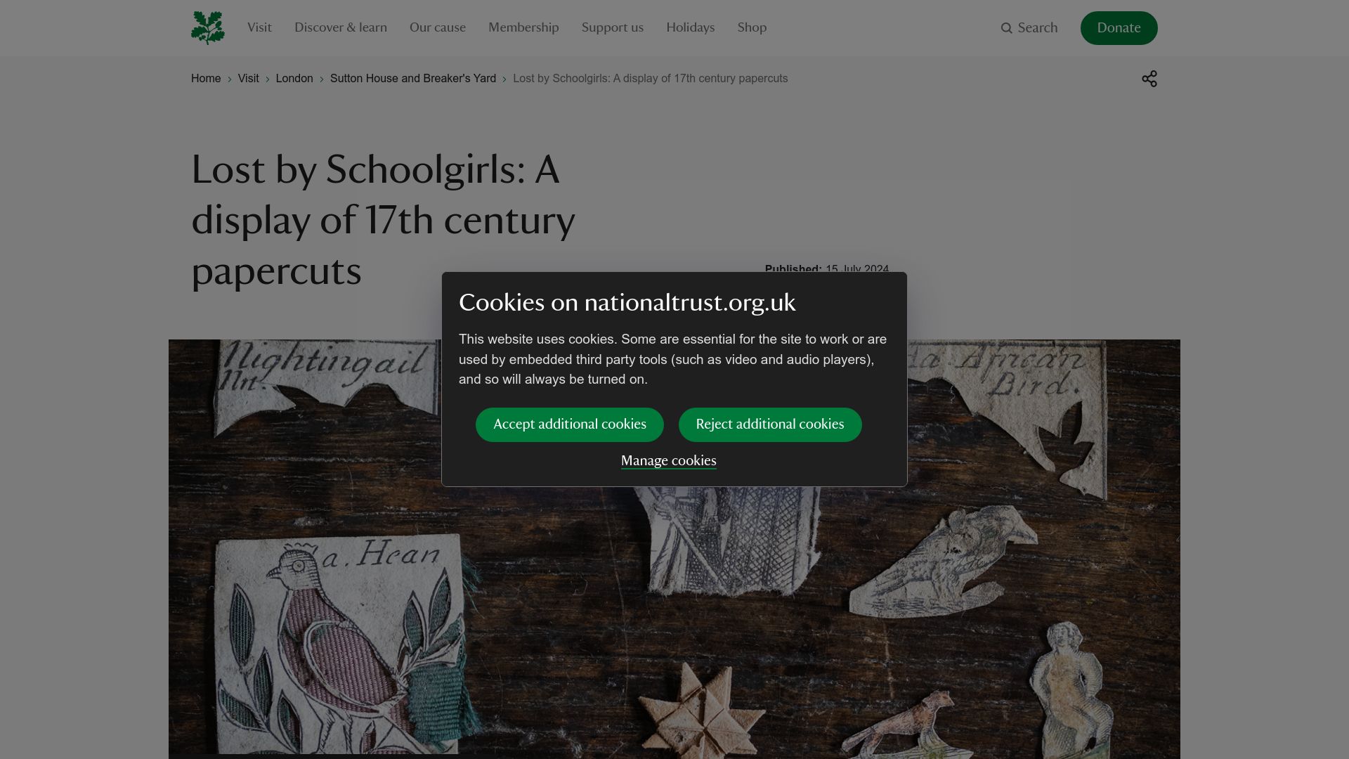 Screenshot of nationaltrust.org.uk: Lost by Schoolgirls: A display of 17th century papercuts