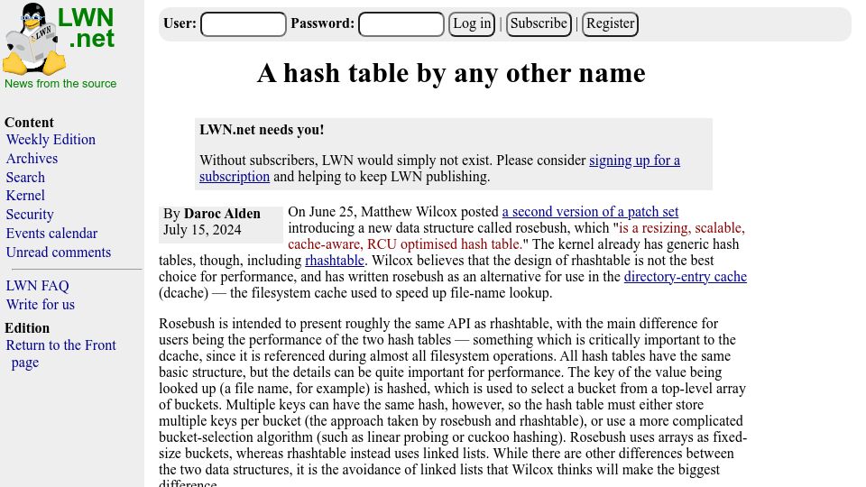 Screenshot of lwn.net: A hash table by any other name