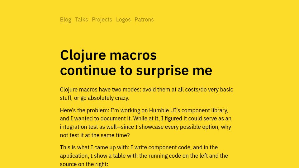 Screenshot of tonsky.me: Clojure macros continue to surprise me