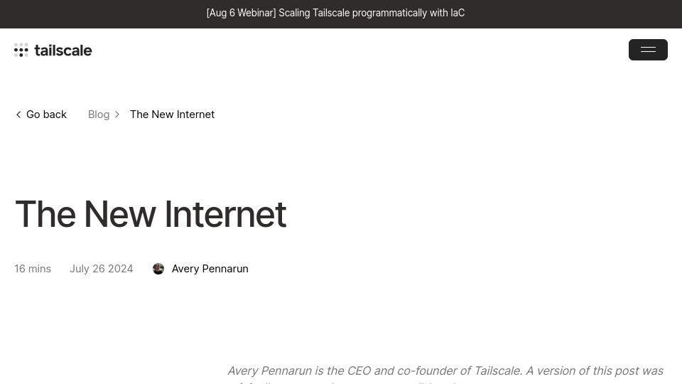Screenshot of tailscale.com: The New Internet