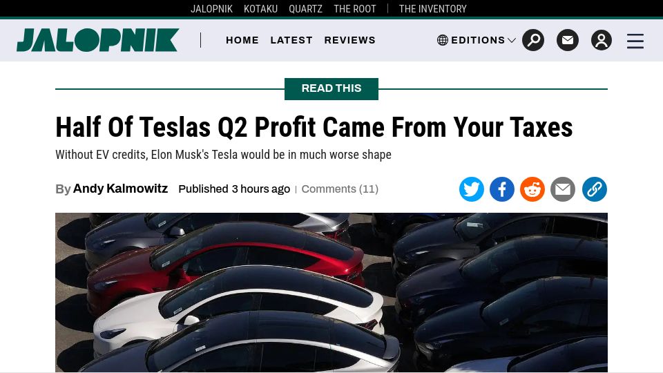 Screenshot of jalopnik.com: Half of Teslas Q2 Profit Came from Your Taxes