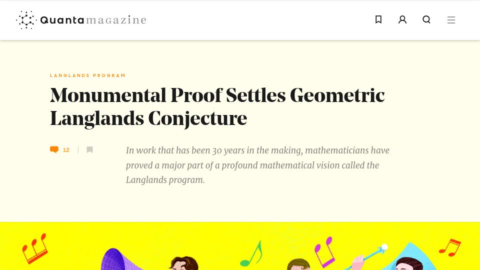 Screenshot of quantamagazine.org: Monumental proof settles geometric Langlands conjecture