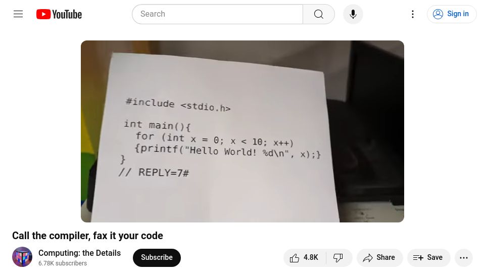 Screenshot of youtube.com: Call the compiler, fax it your code [video]
