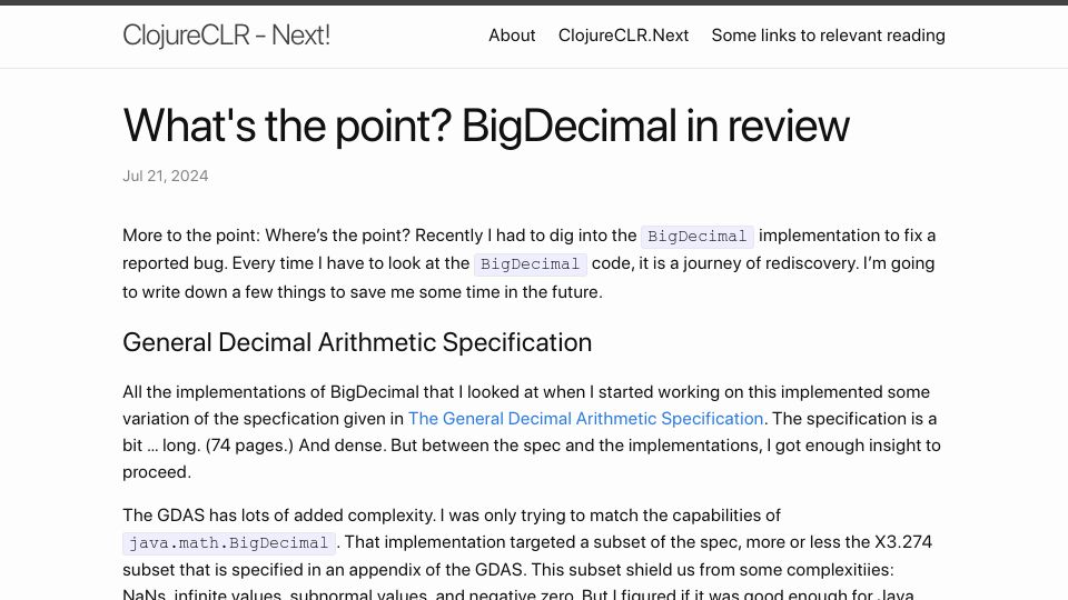 Screenshot of dmiller.github.io: What's the Point? BigDecimal in review