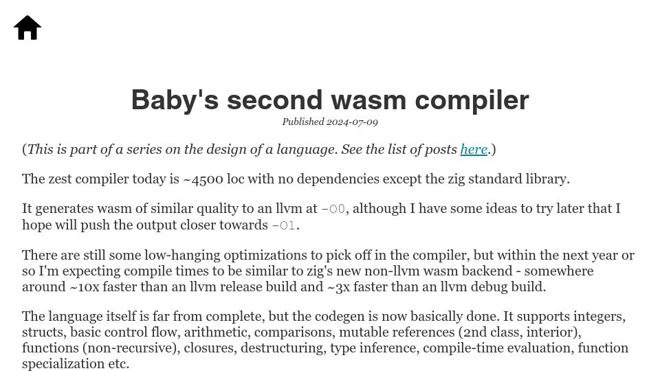 Screenshot of scattered-thoughts.net: Baby's second WASM compiler