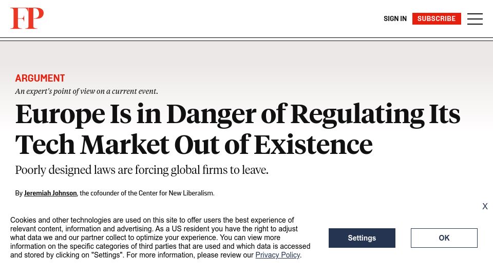 Screenshot of foreignpolicy.com: Europe is in danger of regulating its tech market out of existence