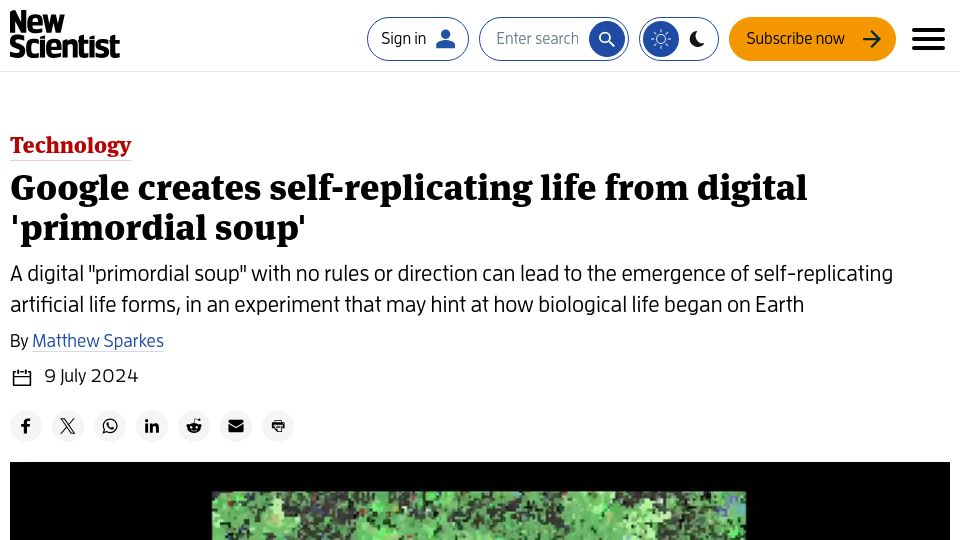Screenshot of newscientist.com: Google creates self-replicating life from digital 'primordial soup'