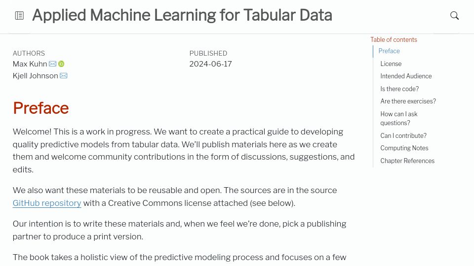 Screenshot of aml4td.org: Applied Machine Learning for Tabular Data