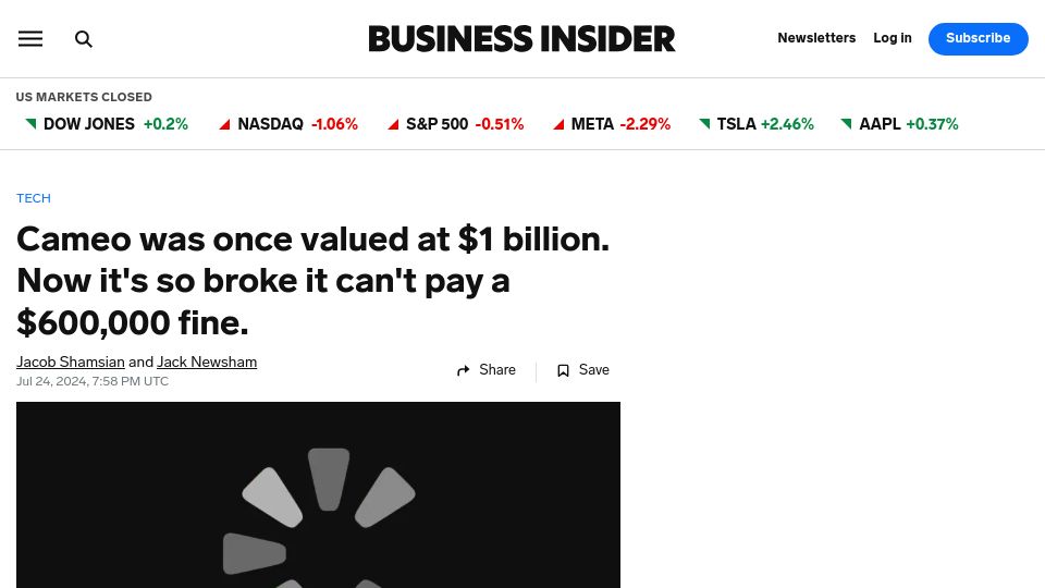 Screenshot of businessinsider.com: Cameo was once valued at $1B