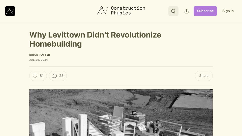 Screenshot of construction-physics.com: Why Levittown didn't revolutionize homebuilding