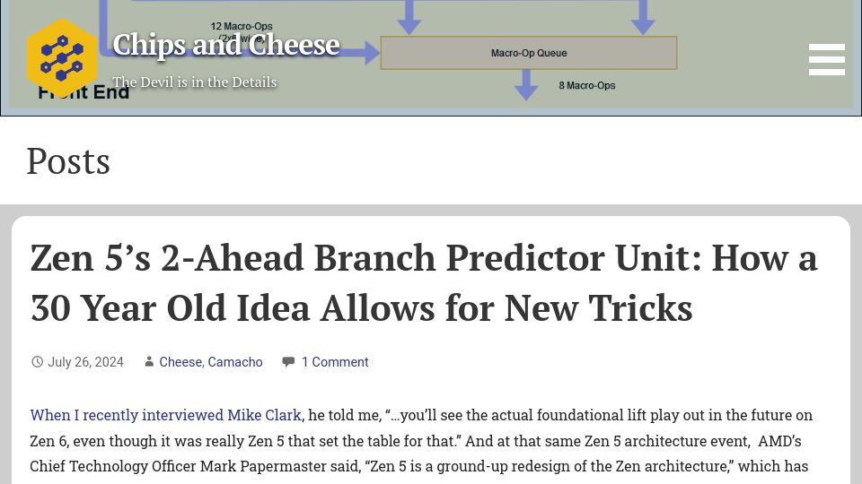 Screenshot of chipsandcheese.com: Zen 5's 2-ahead branch predictor: how a 30 year old idea allows for new tricks