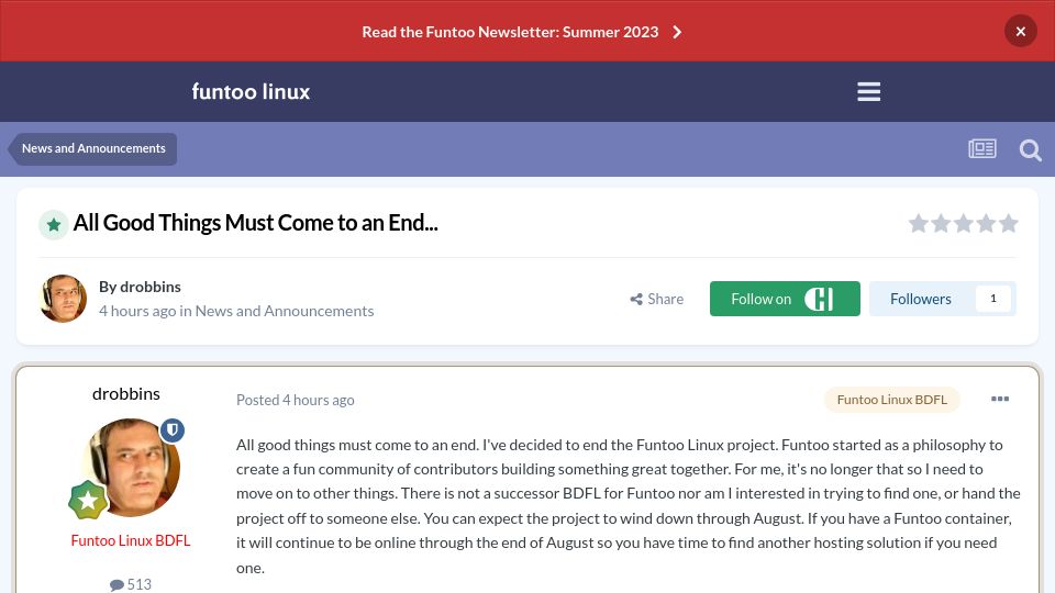 Screenshot of forums.funtoo.org: Funtoo Linux is shutting down