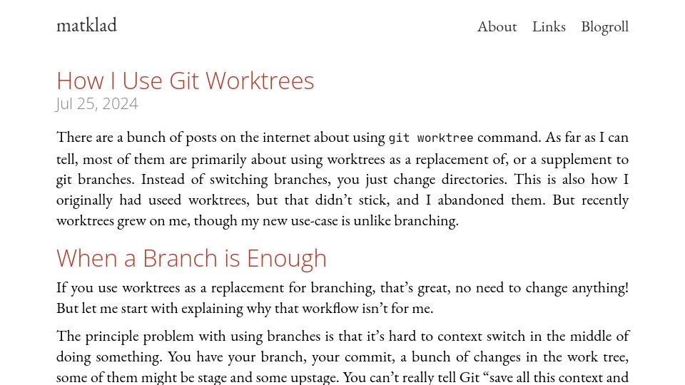 Screenshot of matklad.github.io: How I Use Git Worktrees