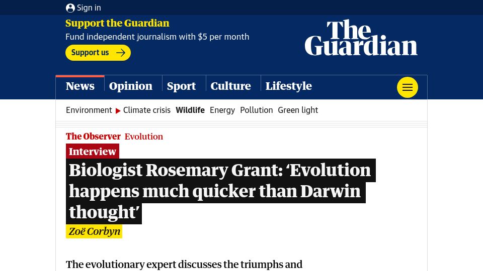 Screenshot of theguardian.com: 'Evolution happens much quicker than Darwin thought'