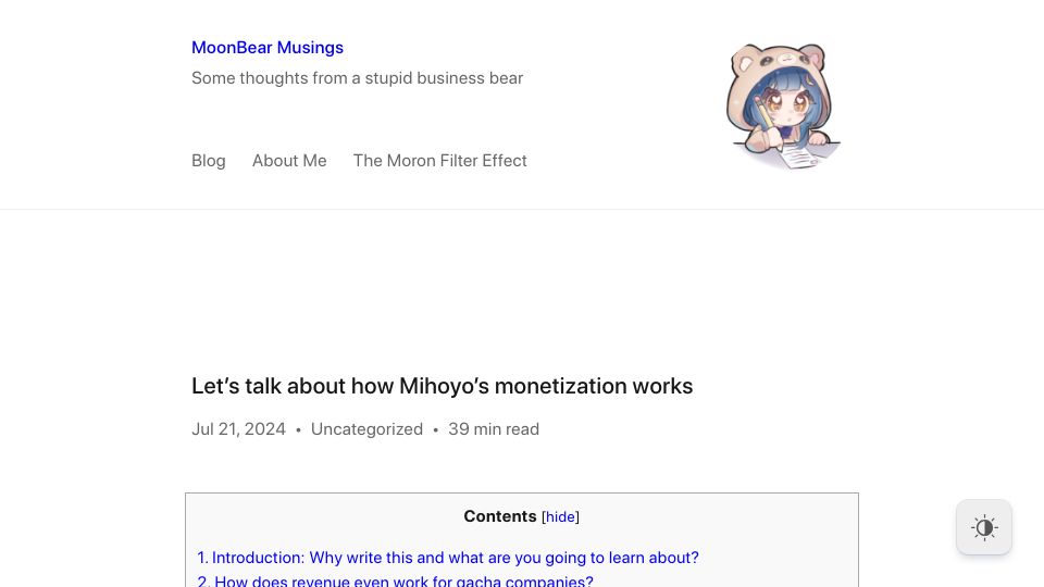 Screenshot of moonbearmusings.com: How Mihoyo's monetization works