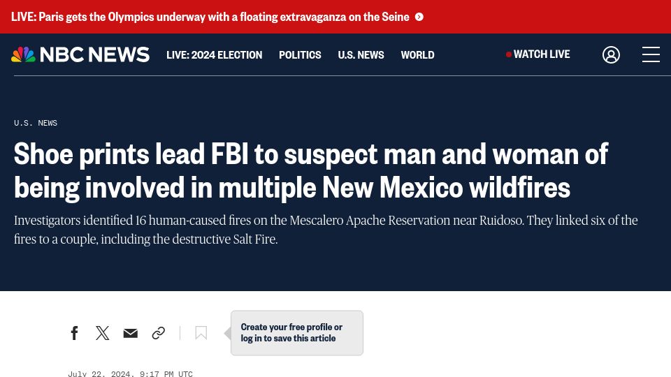 Screenshot of nbcnews.com: Shoe prints lead FBI to suspect couple involved in multiple New Mexico wildfires