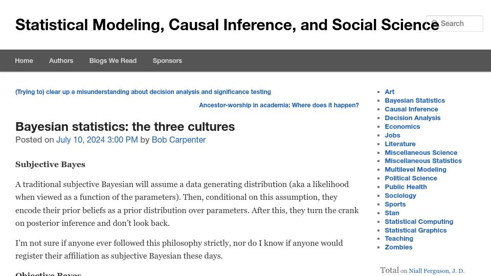 Screenshot of statmodeling.stat.columbia.edu: Bayesian Statistics: The three cultures