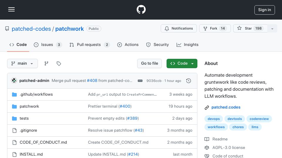 Screenshot of github.com: Show HN: Patchwork – Open-source framework to automate development gruntwork