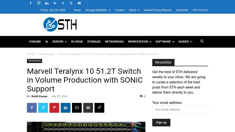 Screenshot of servethehome.com: Marvell Teralynx 10 51.2T Switch in Volume Production with SONiC Support