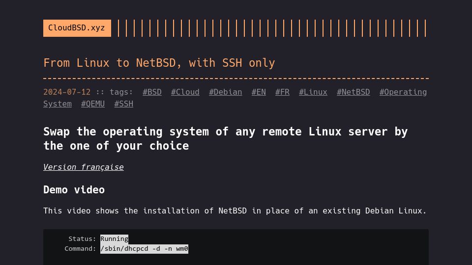 Screenshot of cloudbsd.xyz: From Linux to NetBSD, with SSH Only