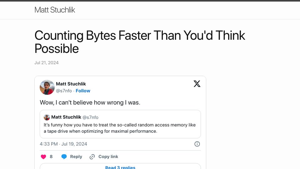 Screenshot of blog.mattstuchlik.com: Counting bytes faster than you'd think possible