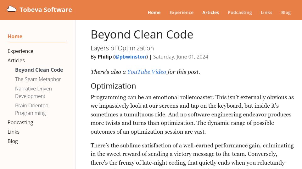 Screenshot of tobeva.com: Beyond Clean Code