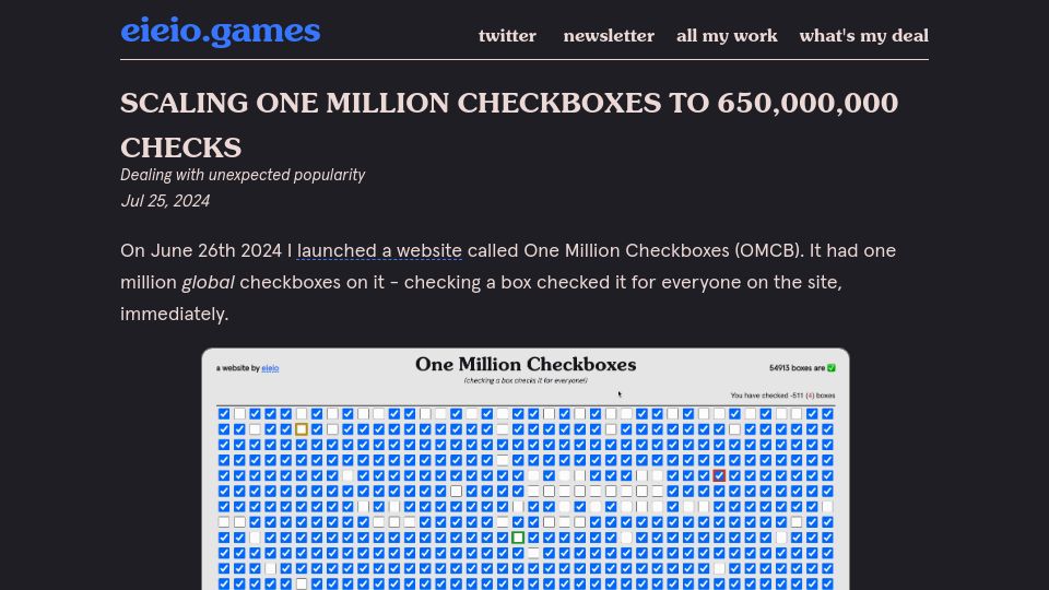 Screenshot of eieio.games: Scaling One Million Checkboxes to 650M checks