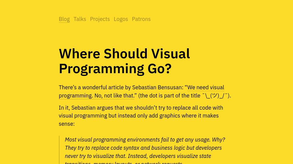 Screenshot of tonsky.me: Where should visual programming go?