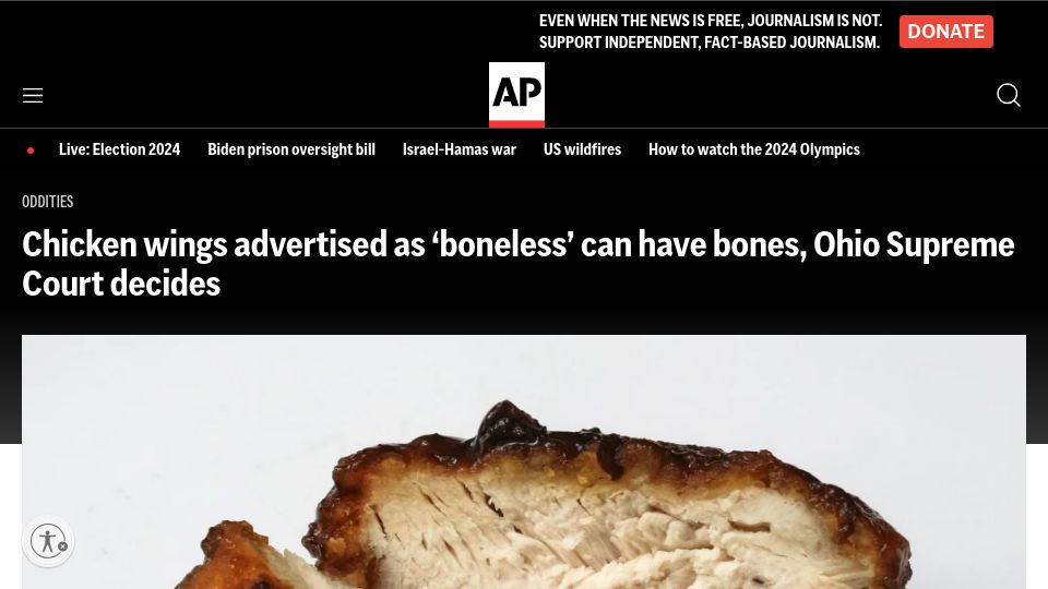 Screenshot of apnews.com: Chicken wings advertised as 'boneless' can have bones,Ohio Supreme Court decides