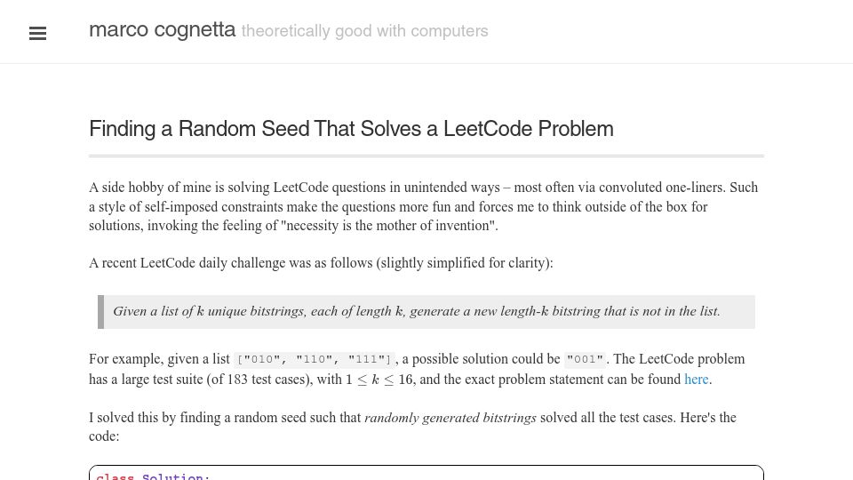 Screenshot of mcognetta.github.io: Finding a random seed that solves a LeetCode problem (2023)