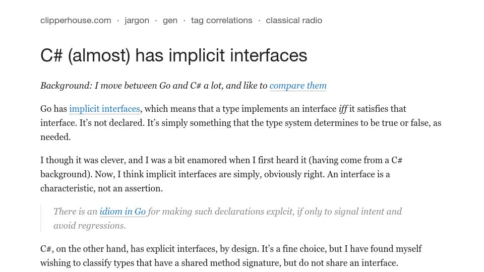 Screenshot of clipperhouse.com: C# almost has implicit interfaces