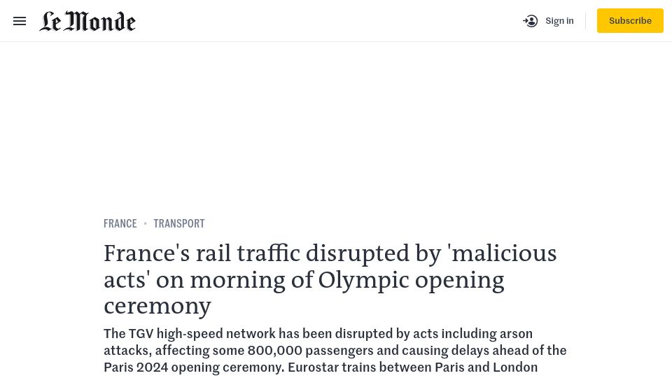 Screenshot of lemonde.fr: France high-speed rail traffic disrupted by 'malicious acts' on Olympic ceremony