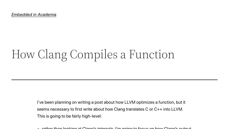 Screenshot of blog.regehr.org: How Clang compiles a function (2018)