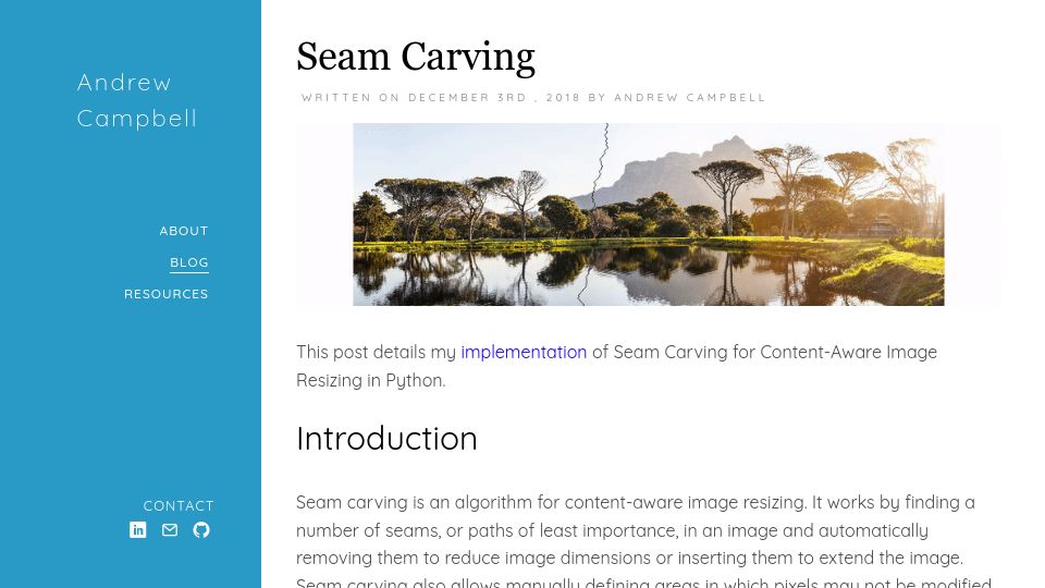 Screenshot of andrewdcampbell.github.io: Seam Carving (2018)