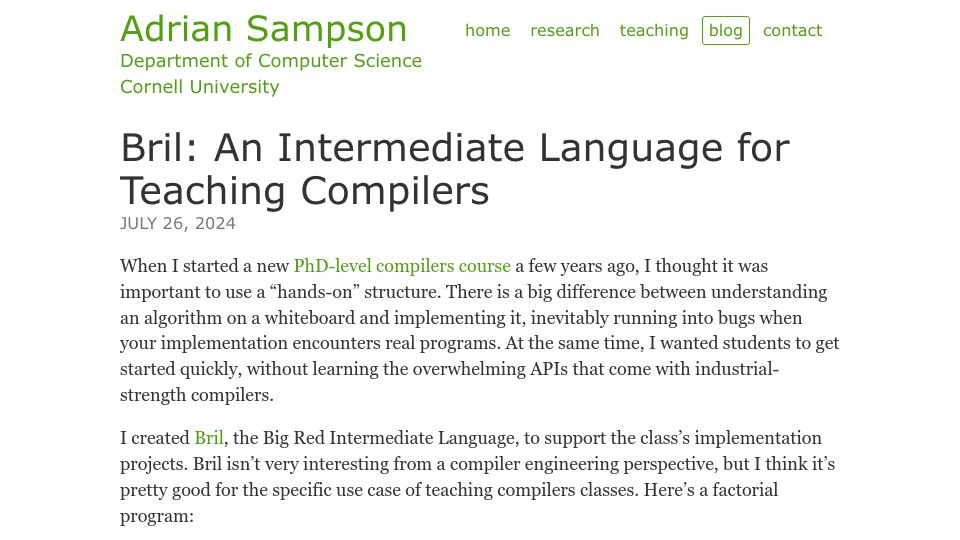 Screenshot of cs.cornell.edu: Bril: An Intermediate Language for Teaching Compilers