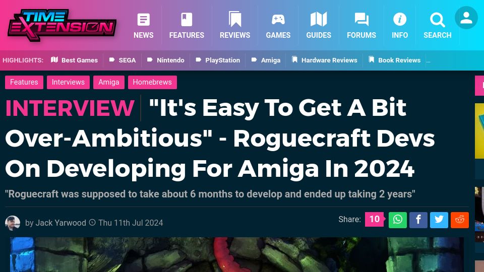 Screenshot of timeextension.com: Roguecraft Devs on Developing for Amiga in 2024