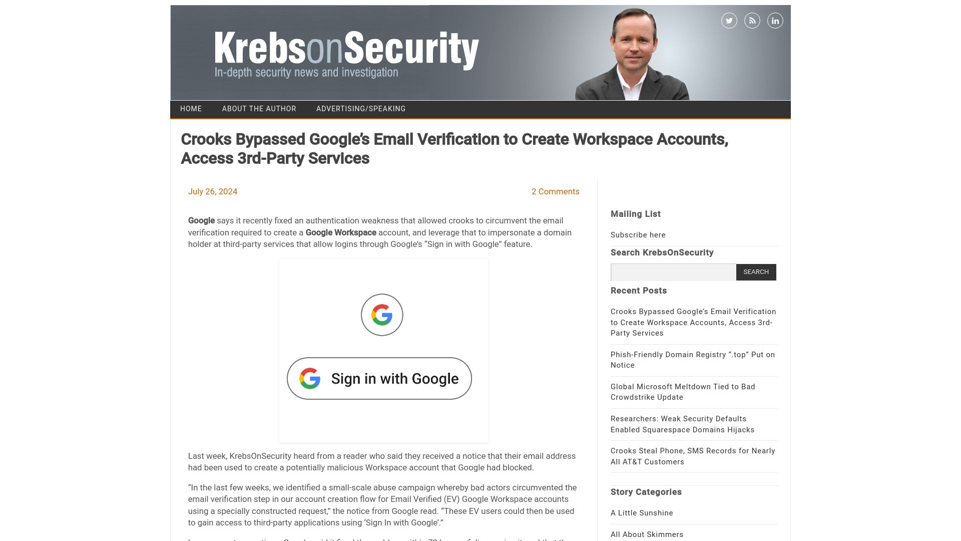 Screenshot of krebsonsecurity.com: Crooks Bypassed Google's Email Verification to Create Workspace Accounts, Acces