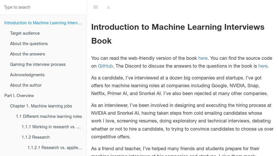Screenshot of huyenchip.com: Introduction to Machine Learning Interviews Book