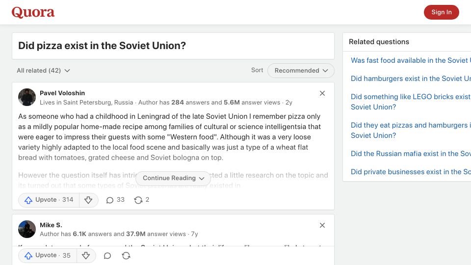 Screenshot of quora.com: Did pizza exist in the Soviet Union?