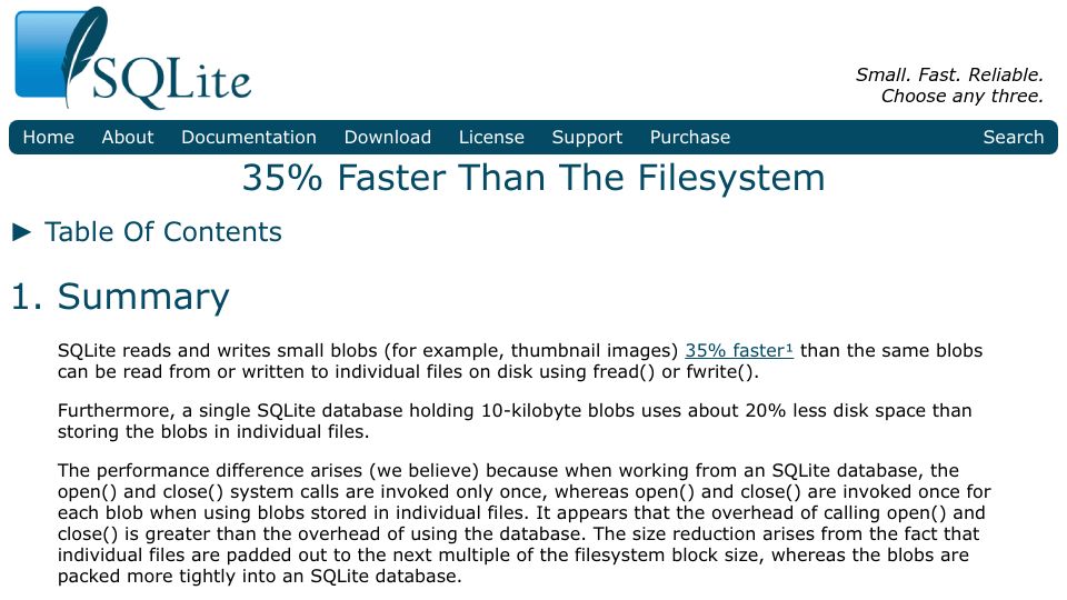 Screenshot of sqlite.org: SQLite: 35% Faster Than the Filesystem
