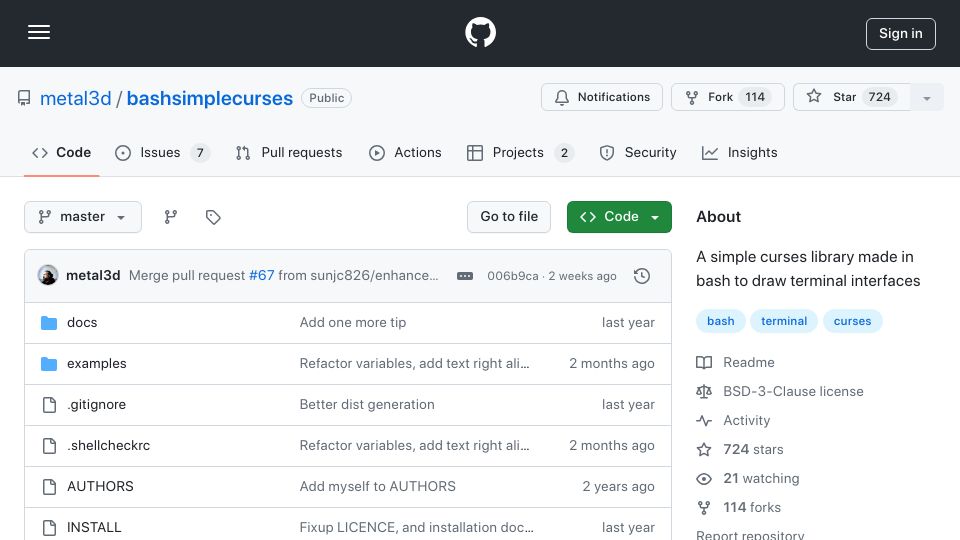 Screenshot of github.com: Bashsimplecurses: Simple curses library made in bash to draw terminal interfaces