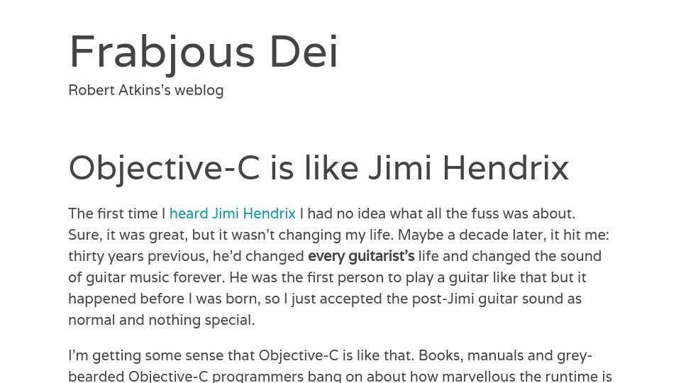 Screenshot of frabjousdei.net: Objective-C is like Jimi Hendrix (2014)
