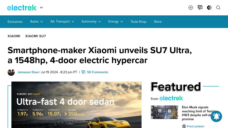 Screenshot of electrek.co: Smartphone-maker Xiaomi unveils SU7 Ultra, a 1548hp, 4-door electric hypercar