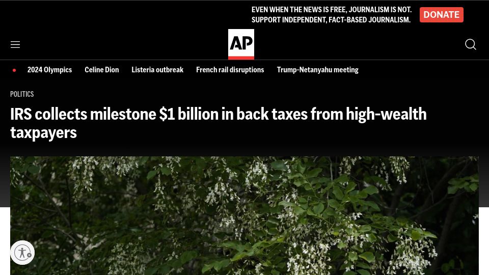 Screenshot of apnews.com: IRS collects milestone $1B in back taxes from high-wealth taxpayers