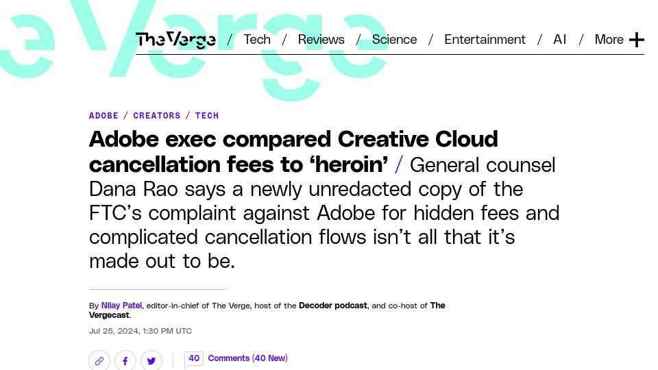 Screenshot of theverge.com: Adobe exec compared Creative Cloud cancellation fees to 'heroin'