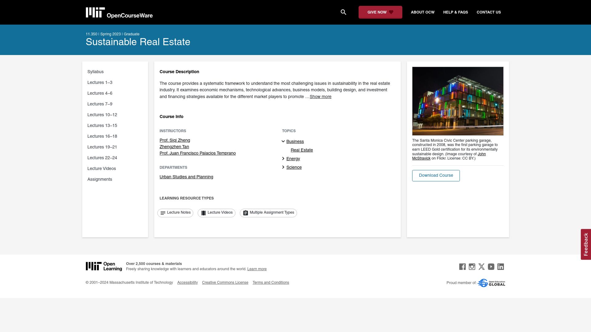 Screenshot of ocw.mit.edu: MIT 11.350: Sustainable Real Estate