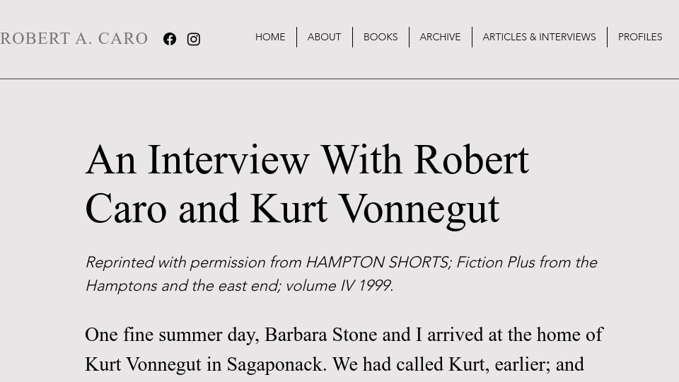 Screenshot of robertcaro.org: An Interview with Robert Caro and Kurt Vonnegut (1999)