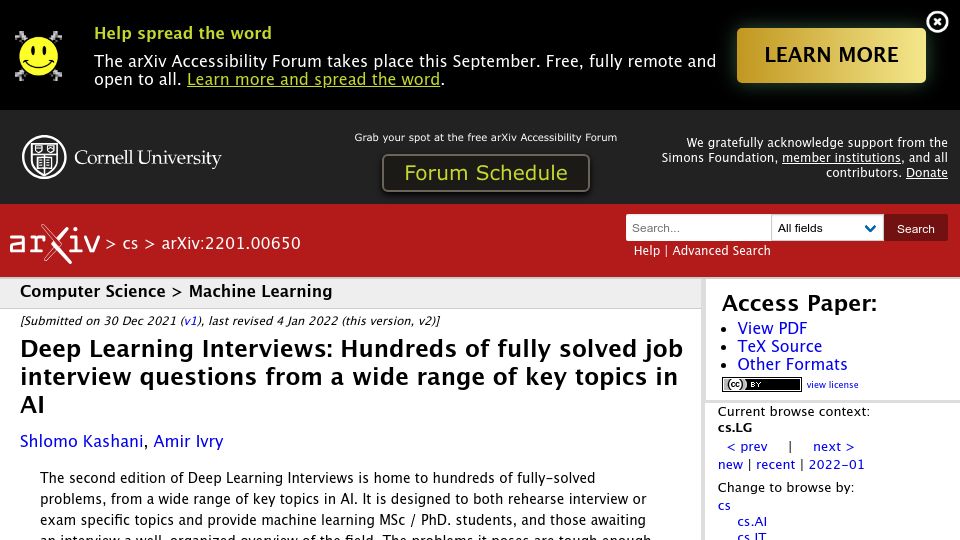 Screenshot of arxiv.org: Deep Learning Interviews (2021)