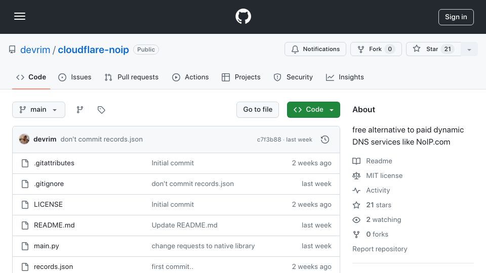 Screenshot of github.com: Free DDNS with Cloudflare and a cronjob